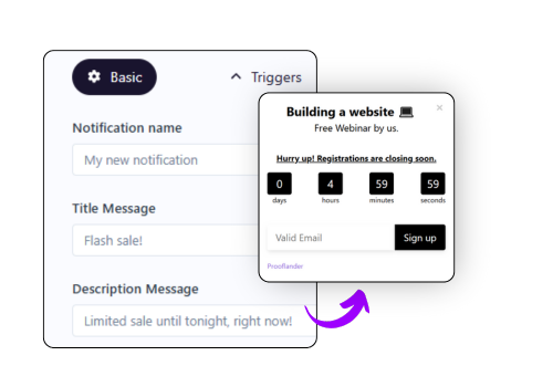 Prooflander Business Booster toolkit dashboard showing notification setup screen